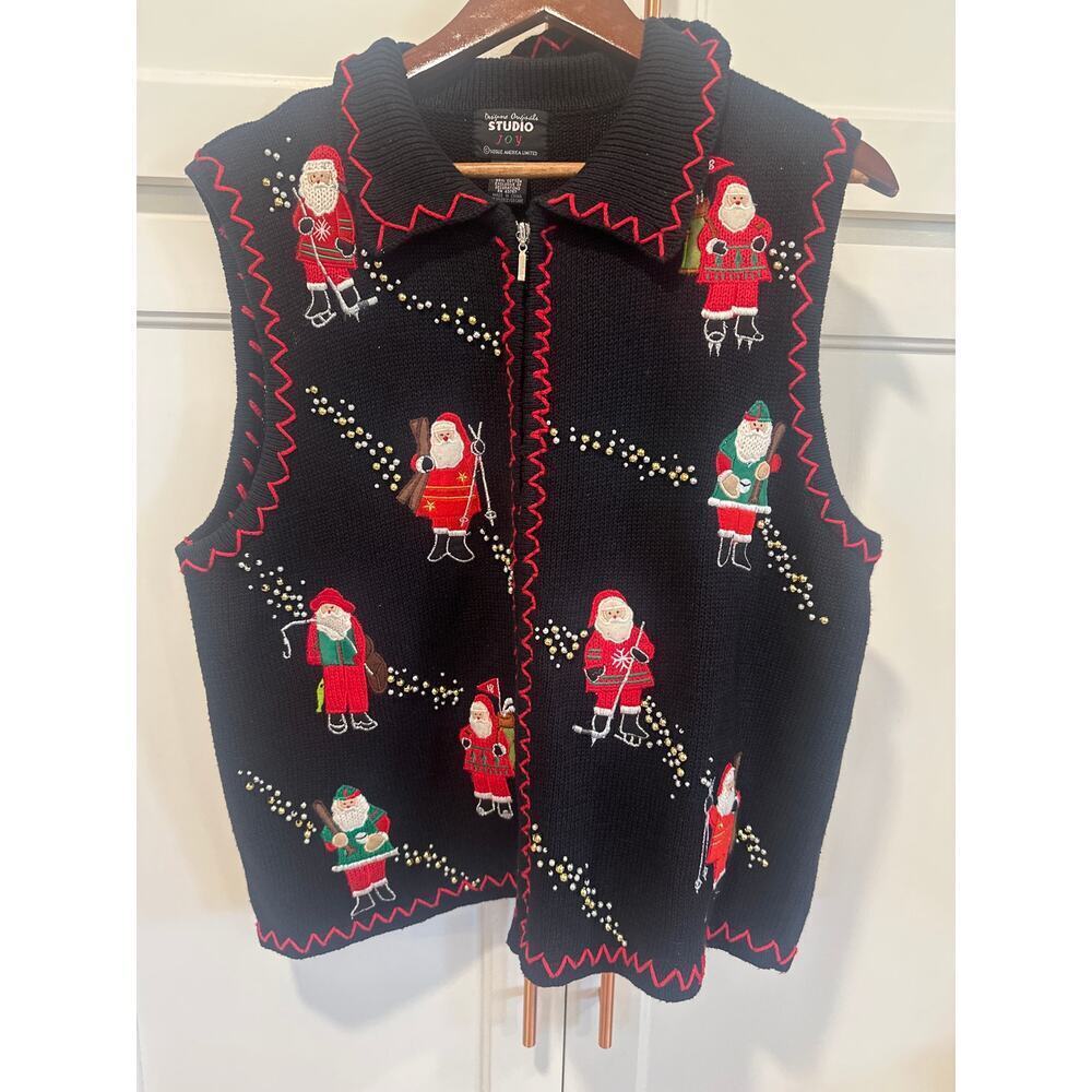 Vintage Christmas Santa outdoor holiday ugly sweater vest large cotton ramie